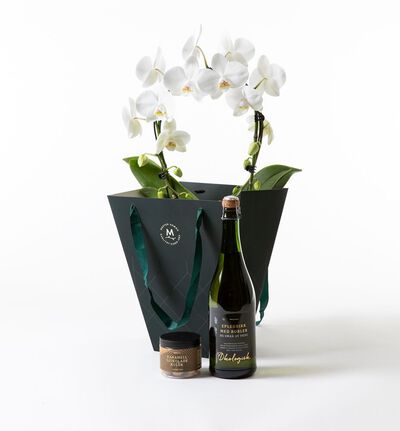 Hvit orkidé i gavepose med bobler